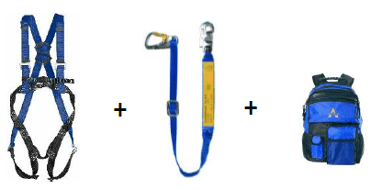 Standard set with webbing fall arrester safety harness, lanyard with webbing fall arrester and carabiner, and a backpack as personal protective equipment against fall hazards.