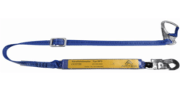 Lanyard with strap fall arrester and steel one-hand carabiner for protection against the risk of falling with aerial work platforms.