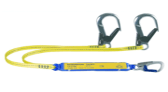 Two-strand lanyard with strap fall arrester and 2 webbing straps for protection against the risk of falling with aerial work platforms.