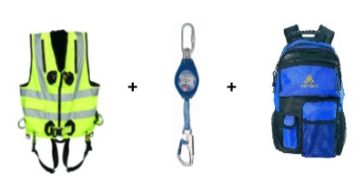 Standard set with high-visibility vest, fall arrester and backpack as personal protective equipment against fall hazards.