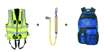 Kit standard comprenant un gilet de sécurité, une longe avec absorbeur d'énergie à sangle et un sac à dos comme équipement de protection individuelle contre les chutes.